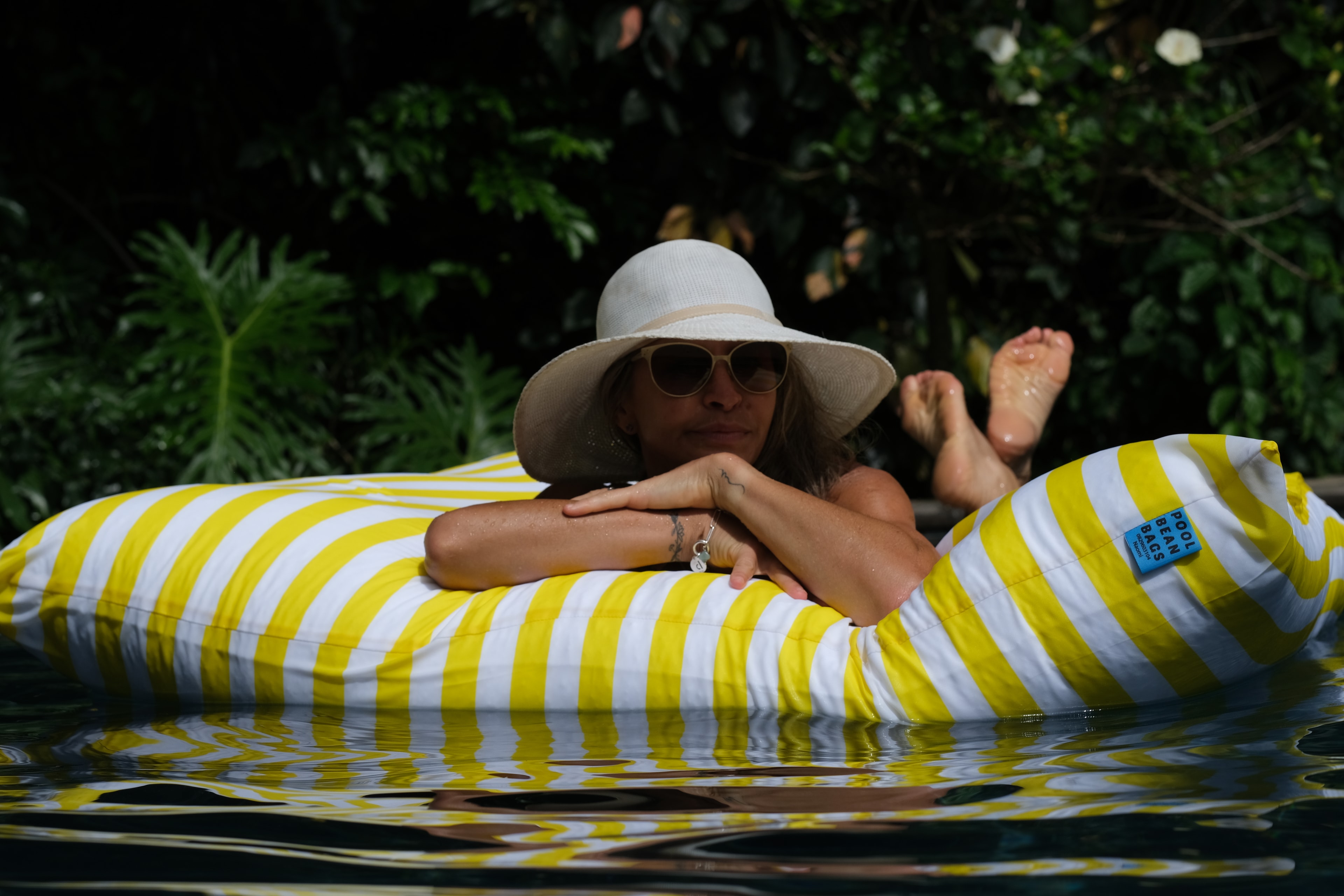 Family relaxing on outdoor bean bags